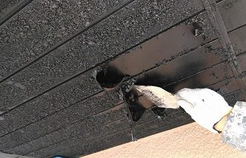 軒天の劣化した塗膜を剥がす