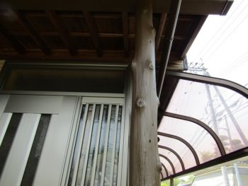 玄関の丸太柱の塗装完成